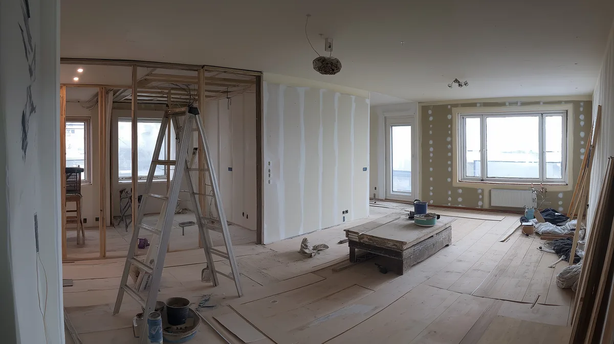 Snedker arbejder med køkkenrenovering i parcelhus i Randers